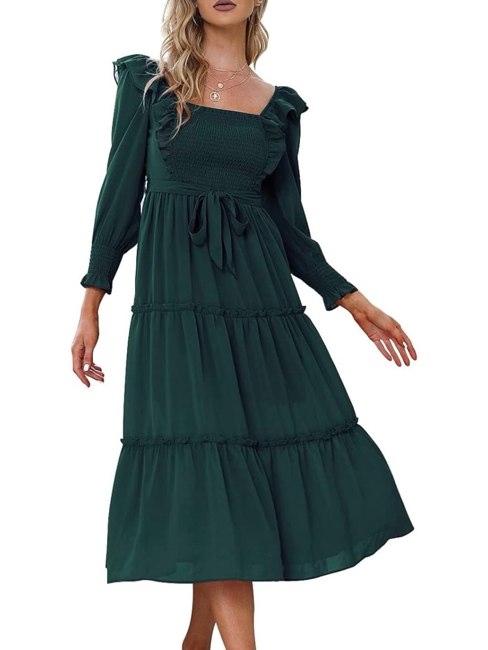 Emerald Green Smocked Ruffle Tiered Midi Dress